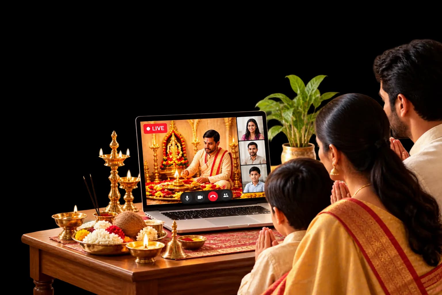 Family praying together while watching a live online puja performed by a Pandit in India on a laptop